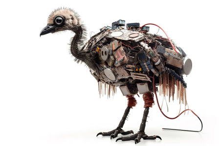 Image of an ostrich modified into a robot on a white background. Wildlife Animals. Illustration, Generative AI.の素材