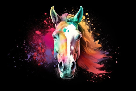 Image of a horse head with beautiful bright colors on a dark background. Wildlife Animals. Illustration, generative AI.の素材