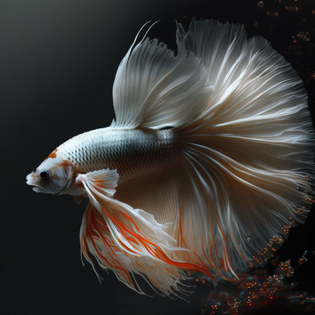 Image of white betta fish with long beautiful tails on a black background. Pet. illustration. Generative AI.の素材