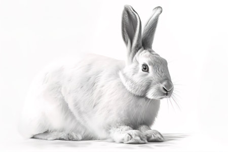 Image of a rabbit sitting on white background. Pet. Animals. Illustration, generative AI.の素材