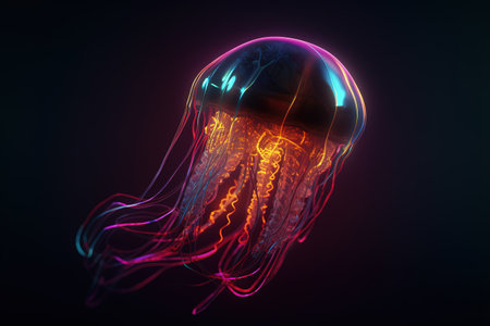 Image of a jellyfish with light that is in the digital world on a dark background. Sea animals. illustration, generative AI.の素材
