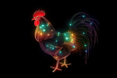 Image of chicken with beautiful colors and light on a dark background. Farm animals. Illustration, generative AI.の素材