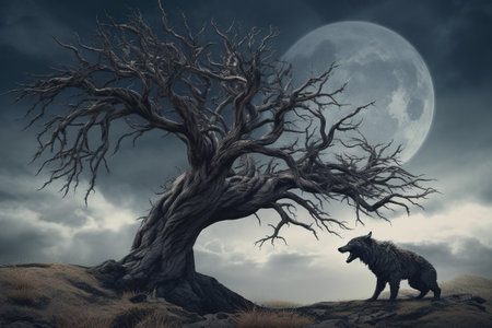 Image of a wolf and big tree at night. Wildlife Animals. Illustration, Generative AI.の素材