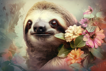 Image of sloth with colorful tropical flowers. Wild Animals. Illustration. Generative AI.の素材