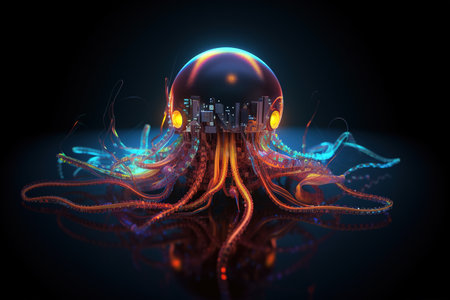 An octopus with light that is in the digital world on a dark background. Sea animals. illustration, generative AI.の素材