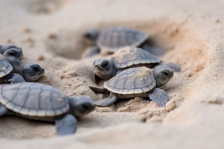 Image of baby black sea turtle on the sand. Sea animals. Illustration, Generative AI.の素材