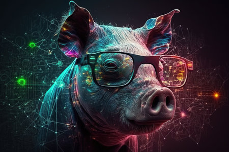 Image of a colorful pig wearing glasses. Farm animals. Illustration, Generative AI.の素材