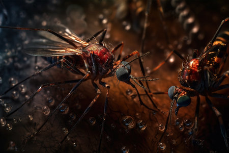 Close-up view of an Aedes mosquitos sucking blood. Insect. Illustration, Generative AI.の素材