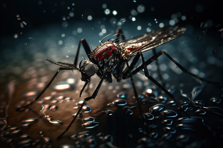 Close-up view of an Aedes mosquitos sucking blood. Insect. Illustration, Generative AI.の素材