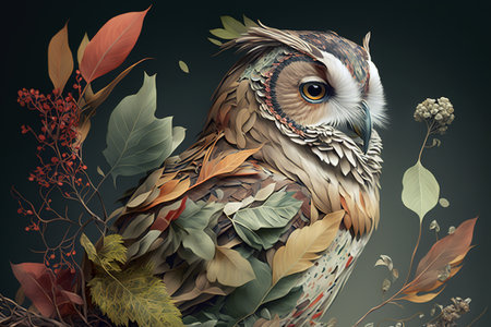 Image of brightly colored owl with colorful tropical flowers. Reptile. illustration. Generative AI.の素材