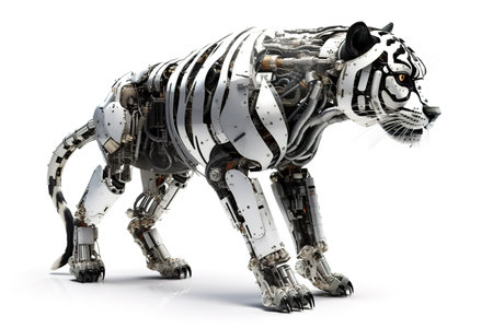 Image of a tiger modified into a electronics robot on a white background. Wildlife Animals. Illustration, Generative AI.の素材