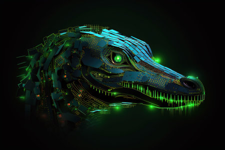Image of a crocodile with light that is in the digital world on a dark background. Wildlife Animals. illustration, generative AI.の素材