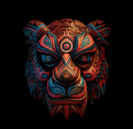 Image of cyberpunk lion mask with colorful patterns on black background. Wildlife Animals. Illustration. Generative AI.の素材