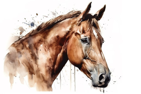Watercolor painting of a horse head on a white background. Wildlife Animals. Illustration, generative AI.の素材