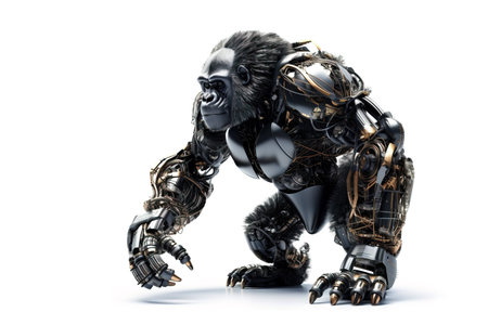 Image of a gorilla modified into a robot on a white background. Wild animal. illustration, generative AI.の素材