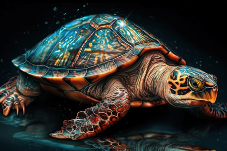 Image of beautiful brightly colored sea tortoises. Wildlife Animals. Illustration, Generative AI.の素材