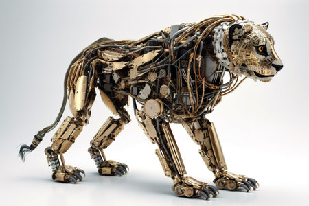 Image of a female lion modified into a robot on a white background. Wildlife Animals. Illustration, Generative AI.の素材