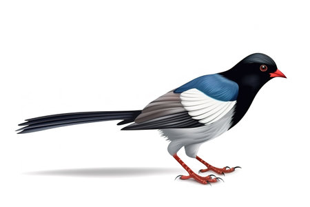 Image of a red billed blue magpie on a white background. 
Bird. Animals. Illustration, generative AI.の素材