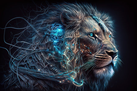 Image of a lion head with beautiful bright colors on a dark background. Wildlife Animals. Illustration, generative AI.の素材
