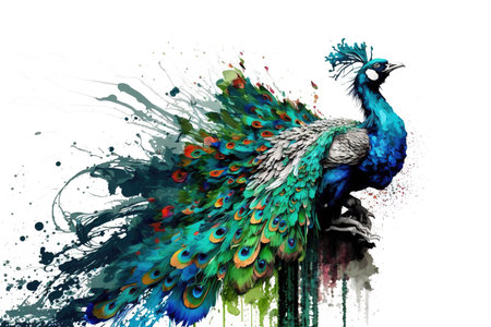 Image of a peacock beautiful bright colors on a white background. Birds. Animals. Illustration, generative AI.の素材