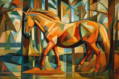 Image of a horse painting in cubism art style. Wildlife Animals. Illustration. Generative AI.の素材