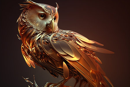 The whole body of the owl is beautifully shiny metal. Wild Animals. Birds. Illustration. Generative AI.の素材