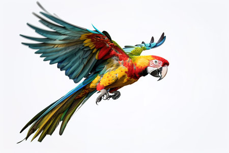 Image of beautiful colorful macaw parrot are flying on white background. Wildlife Animals. Bird. Illustration. Generative AI.の素材