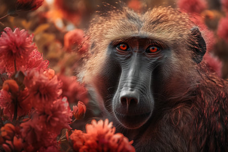 Image of brightly colored baboon with colorful tropical red flowers. Wildlife Animals. Illustration. Generative AI.の素材