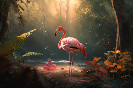 Image of flamenco bird standing in the middle of the forest. Birds. Animals. illustration. Generative AI.の素材