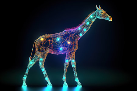 Image of giraffe with light that is in the digital world on a dark background. Wildlife Animals. illustration, generative AI.の素材