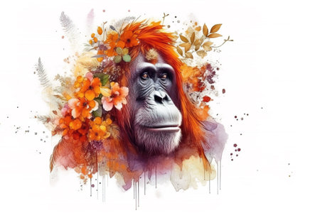 Image of an orangutan head with colorful tropical flowers. wildlife. Animal. illustration. Generative AI.の素材