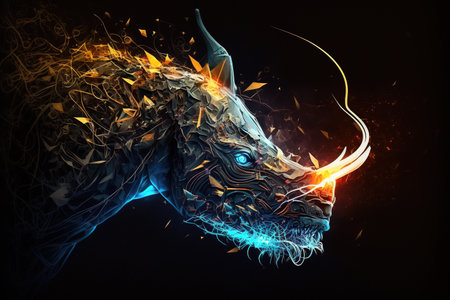 Image of rhinoceros with beautiful colors and light on a dark background. Wildlife Animals. Illustration, Generative AI.の素材