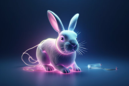 Image of rabbit with light that is in the digital world on a dark background. Wildlife Animals. illustration, generative AI.の素材