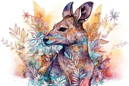 Watercolor painting of a kangaroo with colorful tropical flowers. Wildlife Animals. Illustration, generative AI.の素材