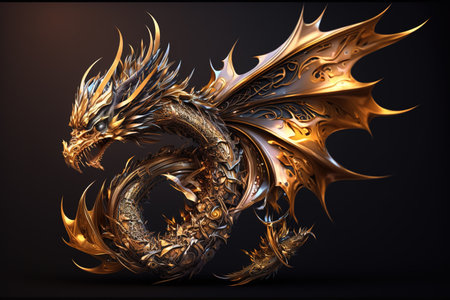 The whole body of the dragon is beautifully shiny metal. Mythical creatures. Illustration. Generative AI.の素材