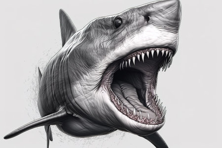 An angry big shark opens its mouth wide with sharp teeth. Animal. Fish. Generative ai.の素材