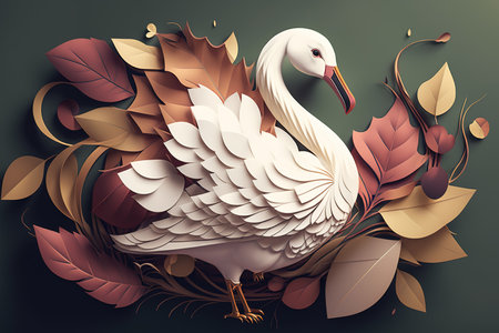 Image of brightly colored swan with colorful tropical flowers. Wild Animals. Birds. Illustration. Generative AI.の素材