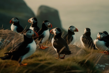 Flock of atlantic puffin or common puffin standing on the meadow. Birds. Wild Animals. illustration. Generative AI.の素材