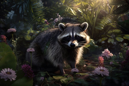 Image of raccoons in colorful tropical flower gardens. Wildlife Animals. Illustration. Generative AI.の素材