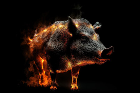 Image of an angry boar with flames. Wildlife Animals. illustration, generative AI.の素材