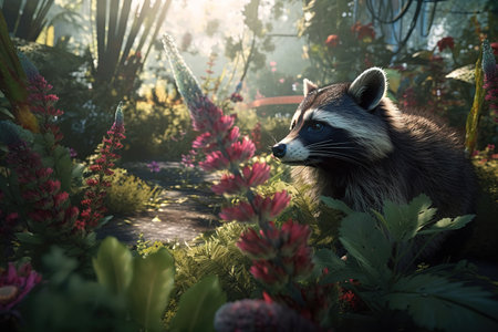 Image of raccoons in colorful tropical flower gardens. Wildlife Animals. Illustration. Generative AI.の素材