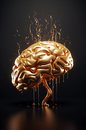 Image of a 3d golden brain on a dark background. Illustration, Generative AI.の素材