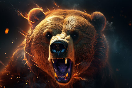 Image of an angry brown bear and flames. Wildlife Animals. Illustration, generative AIの素材