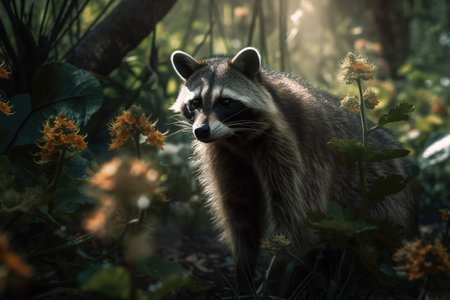 Image of raccoons in colorful tropical flower gardens. Wildlife Animals. Illustration. Generative AI.の素材