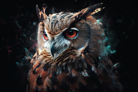 Image of an owl head on dark background. Birds. Wildlife Animals. Illustration, generative AI.の素材