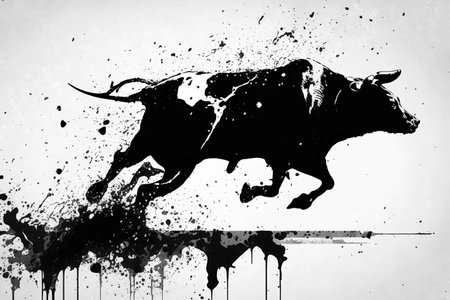 Image painting of a bull drawing using a brush and black ink on white background. Wildlife animals. Illustration, Generative AI.の素材