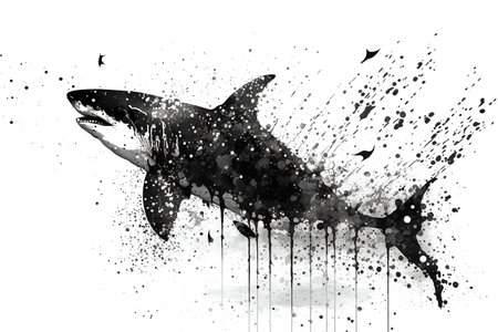 Image of a shark drawing using a brush and black ink on white background. Sea animals. Illustration, generative AI.の素材