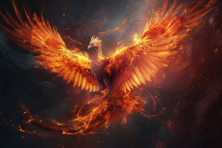 Image of the phoenix is flying burning with fire. Birds. Mythical creatures. Illustration. Generative AI.の素材