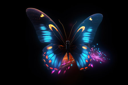 Butterfly with light that is in the digital world on a dark background. Insect. illustration, generative AI.の素材