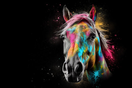 Image of a horse head with beautiful bright colors on a dark background. Wildlife Animals. Illustration, generative AI.の素材